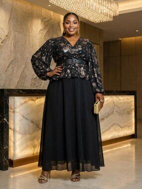 Plus Size Black Encrusted Peplum Maxi Dress - NWT